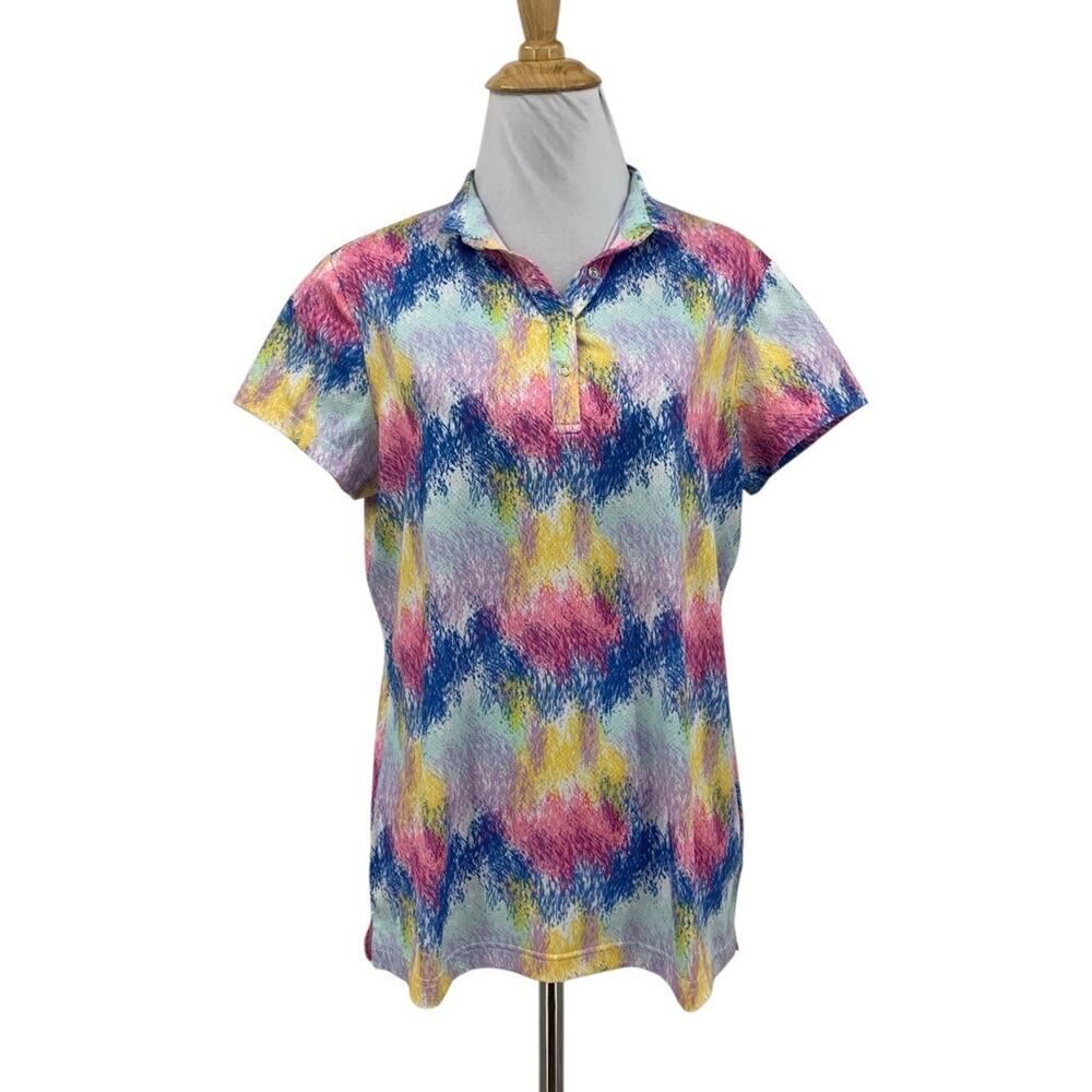 Daily Sports Polo Shirt Women L Large Multi Vision Print Cap Sleeve Snap Buttons